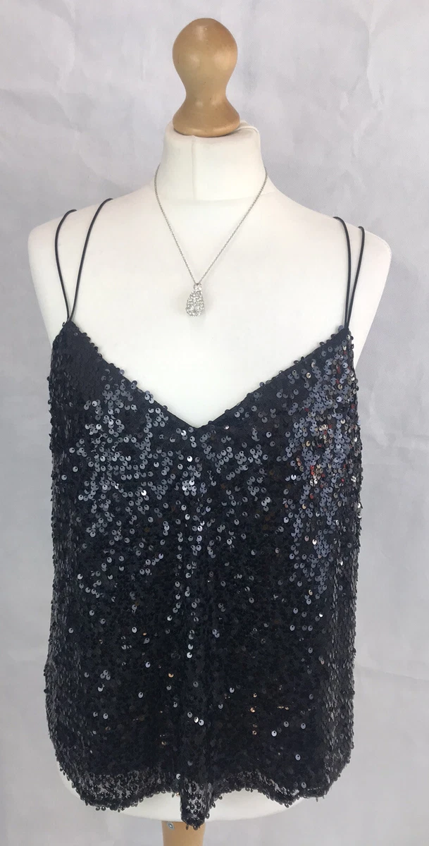 New Look Black Sequin Glitzy Spaghetti Strap Cami Top UK12 Evening Occasion A37