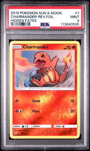 2019 POKEMON SUN & MOON HIDDEN FATES #7 CHARMANDER-REVERSE FOIL PSA 9