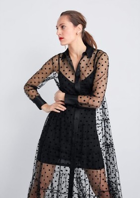 Tulle Sheer Black Shirt Dress Women's Short Sleeve See Through