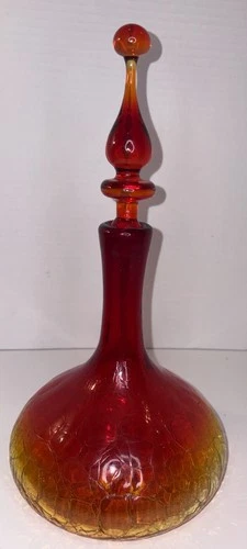 Vintage Blenko Crackle Glass Decanter & Stopper Rainbow Or Amberina? 13.5”