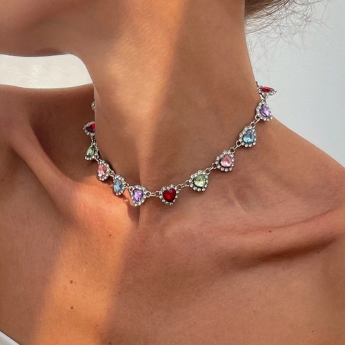 Colorful Rhinestone Chain Necklace Love Rhinestone Love Heart Necklaces Women - Picture 5 of 10