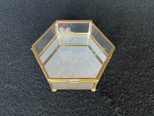 VTG Hexagon Trinket Box Floral Etched Mirror Glass Bottom Brass Hinged