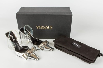 Versace Silver Leather MEDUSA LOGO Point Toe Slingback  Pumps Heels US 7 / EU 37