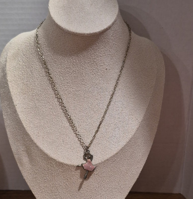 Silver Tone Cable Chain Necklace Pink Enamel Ballerina Charm Spring Closure