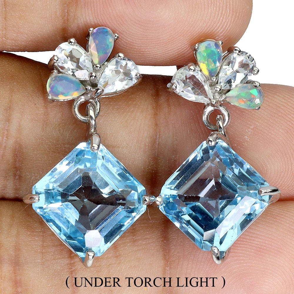 925 Sterling Silver Earrings Octagon Swiss Blue Topaz 23.24ct Handmade Gems Rare