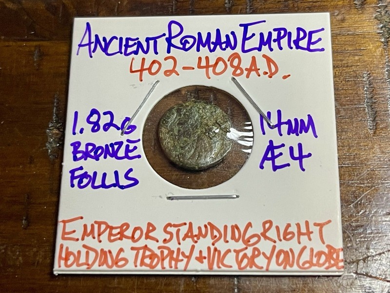 Ancient Rome-Æ4 Bronze Follis 402-408 AD - Emperor Holding Trophy/Victory/Globe