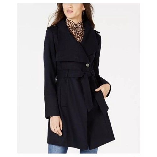 Guess Belted Black Wool Coat Asymmetrical Knee Length Womens Med Gold Buttons - Picture 2 of 17