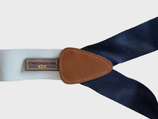 VINTAGE TRAFALGAR NAVY BLACK FABRIC SUSPENDERS BUTTON BRACES LEATHER FITTINGS