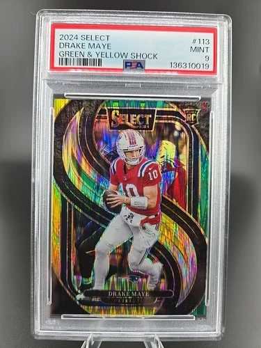 2024 Panini Select Premier Level Drake Maye #113 Green Yellow Shock Prizm PSA 9