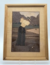 Hudson River Marquetry Wood Inlay Wall Art Signed Nelson Woman Golf 12.75x9.25