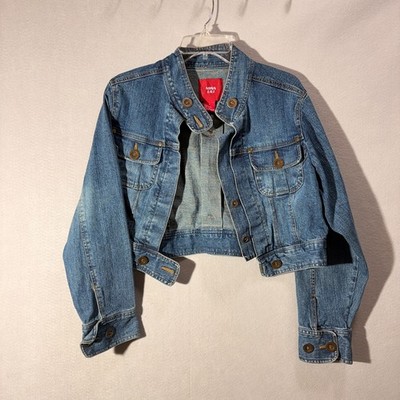 Miss Lili Womens 1X Blue Denim Jacket Cropped Mock Neck Button Plus Size Cargo