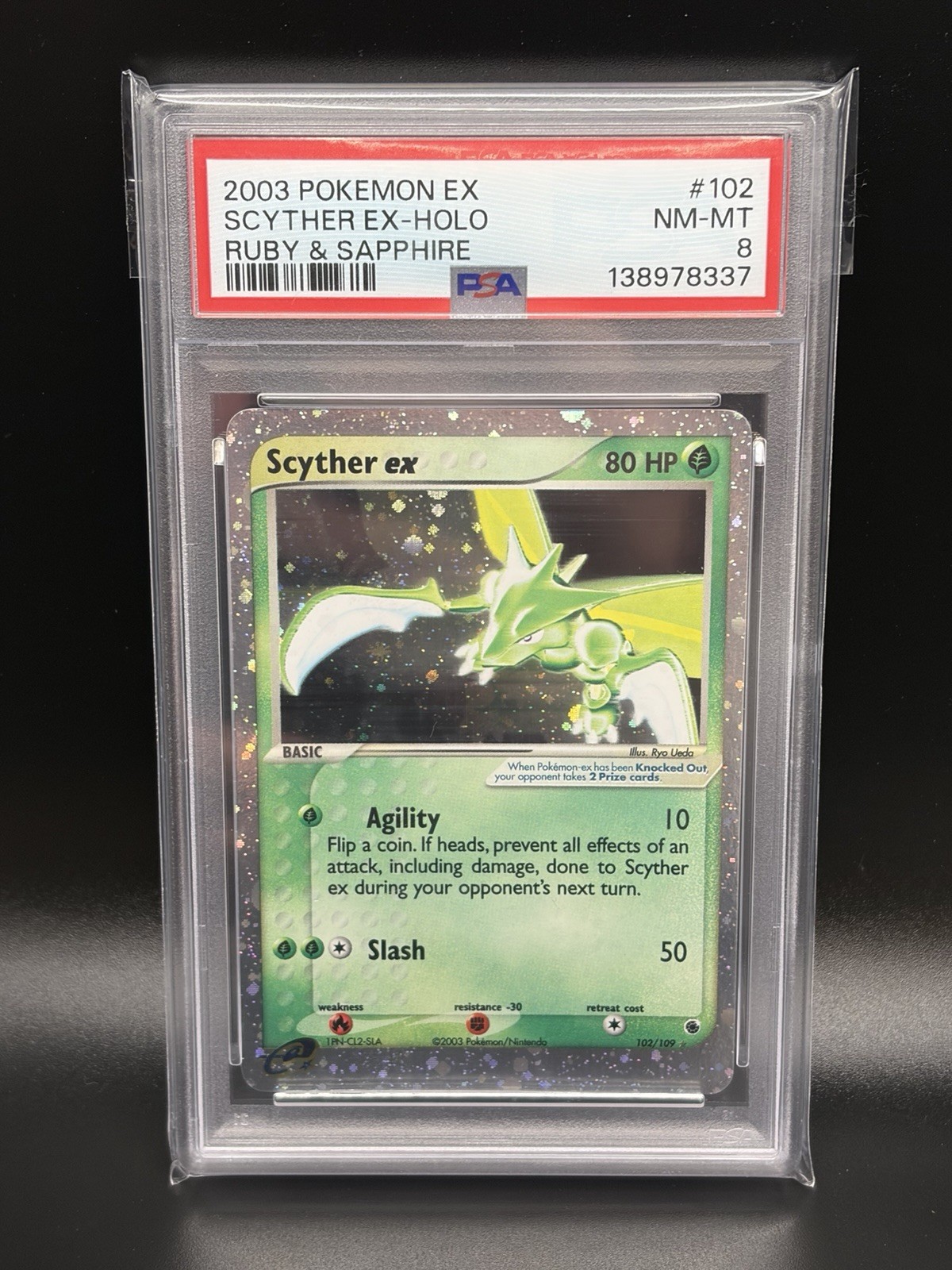 2003 SCYTHER EX Pokemon Card #102 102/109 EX Ruby & Sapphire Holo PSA 8
