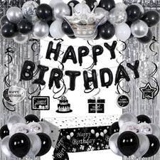 Black and Silver Decorations for Men Women, Happy Birthday for Boys Girls, Black