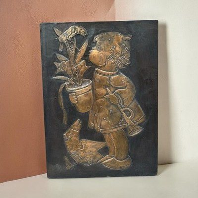 MCM Copper Wall Art Child Plant Birds Horn 12  X 8.5 