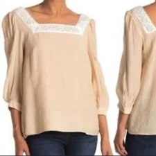 Nanette Lepore Women's Tan & White Embroidered Lace Square Neckline Blouse Small