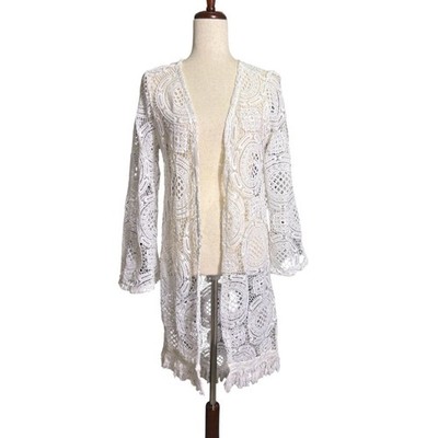 Retro Threads White Crochet Open-Front Duster Kimono Size Medium