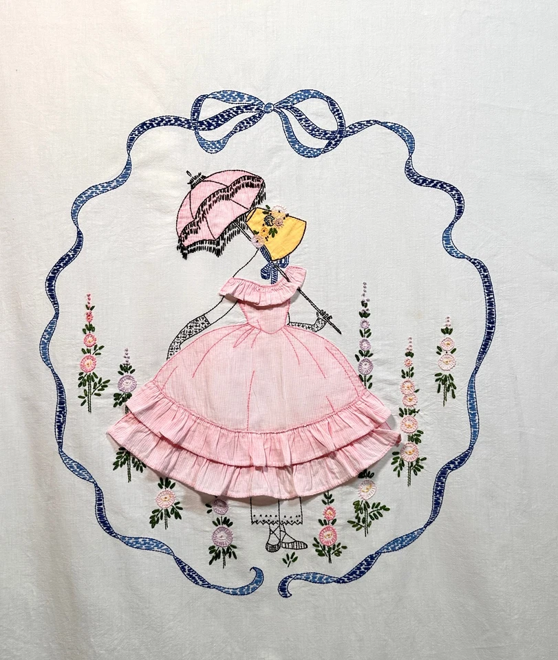 Винтажное вышитое покрывало 1940-х Southern Belle & Hollyhocks двойное в отличном состоянии - Изображение 4 из 4
