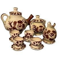 Vintage Brown & Cream Floral Miniature Tea Set of 14-Cups, Saucers, Pitcher…