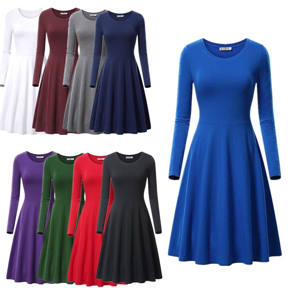 Womens Casual Long Sleeve Round Neck Dresses Solid Color Flowy