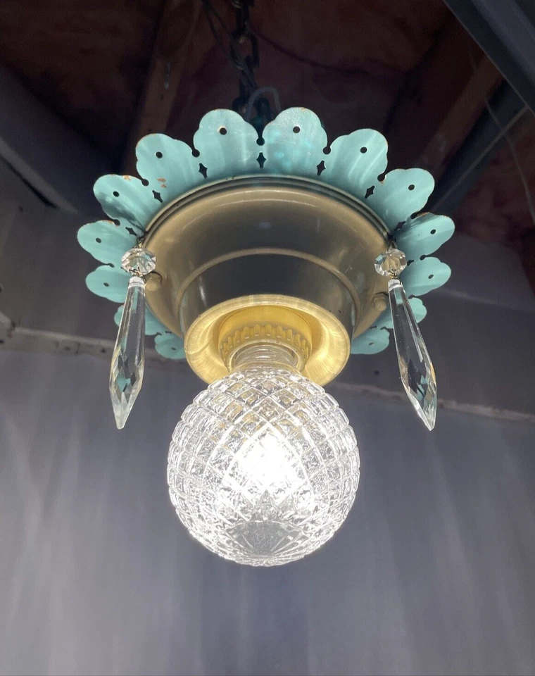 Antique Vtg Art Deco Flush Mount Light Crystal Single Bulb Sunburst 1920s 1940s - Image 2 of 4