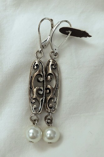 Premier Designs Dangle Drop Filagree Pearl Earrings Silver/Pewter Tone 2 3/8" - Picture 7 of 8