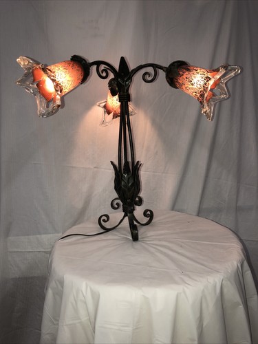 Handmade Wrought Iron Table Lamp 3 Blown Glass Shades Green - Picture 8 of 11