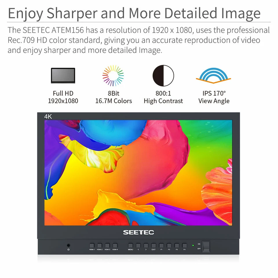 SEETEC ATEM156 15.6 Inch Live Streaming Broadcast Director Monitor 4 HDMI Inputs - Image 3 of 4