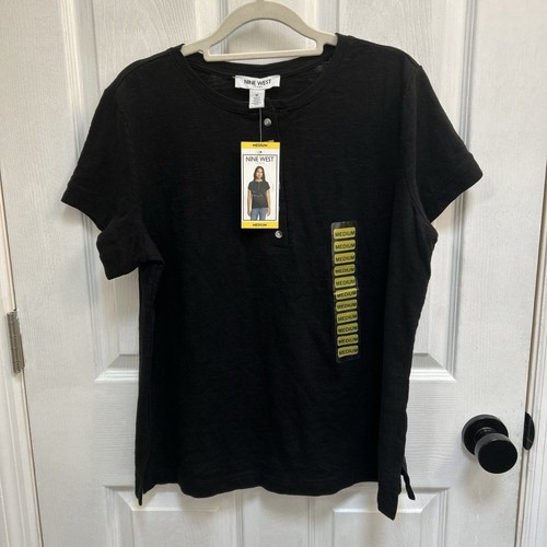 NWT Nine West Women's Short Sleeve Front Button Henley Top, Black, Size Medium