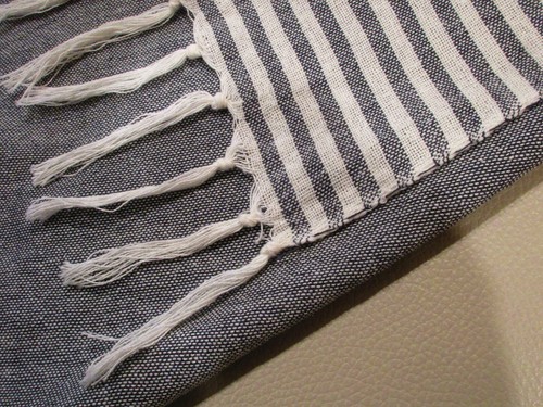 Throw Blanket with Tassels Blue with White Stripes 71" x 48" - Picture 2 of 3