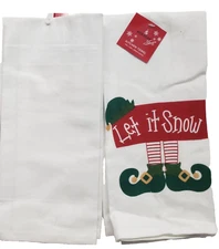 Set of 2 Same Thin Flour Sack Towels (15"x25") CHRISTMAS,ELF FEET,LET IT SNOW,HC