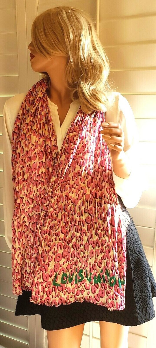Authentic Louis Vuitton Pink Leopard Stole Frayed Edge Scarf With