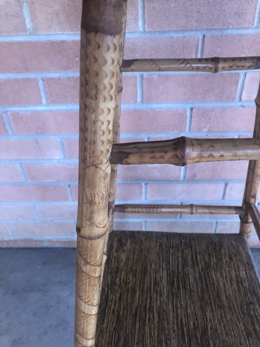Antique Rattan Bamboo Accent Table Plant Stand Rare Asian Burn Art Pyrography - Picture 18 of 22