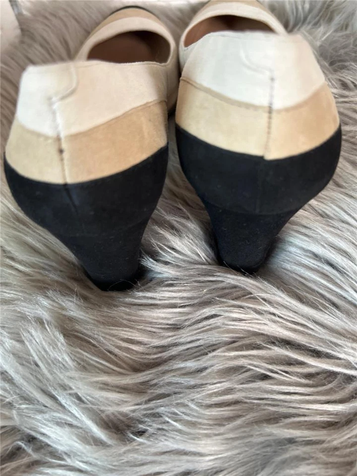 Nuevo Para Mujer 10B Talbots Beige/Negro Gamuza Rayas Tacón Bloque Zapatos de Corte Foto 4 de 4