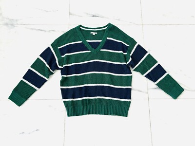 American Eagle Women's Blue Green Striped Pullover V Neck