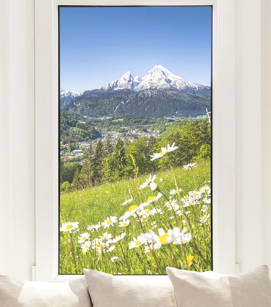 Alpen Fensterfolie Berge Blumen Bayern Sichtschutz Fensterbild  Qualitätsfolie