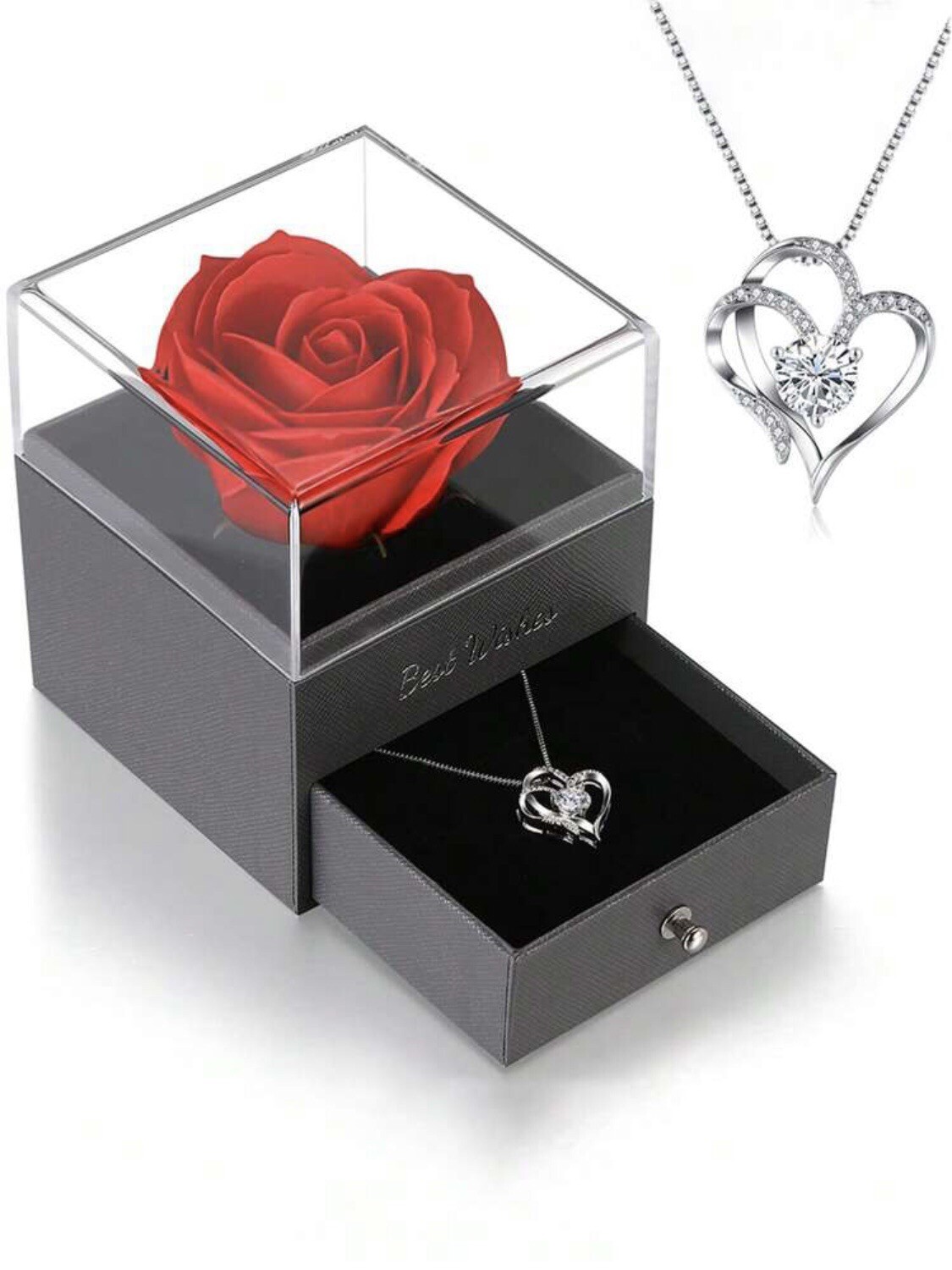 Boîte à bijoux de fleurs éternelles et coffret de rangement pour collier et bague de mariage