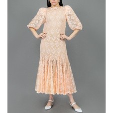 Vintage 80s Peach Lace Midi Dress Small Puff Sleeve Mermaid Hem Bridal Formal