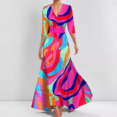 Ladies Elegant 3/4 Sleeves V-Neck Maxi Dress Party Print Swing Long Dresses UK ⭐ - Picture 14 of 25