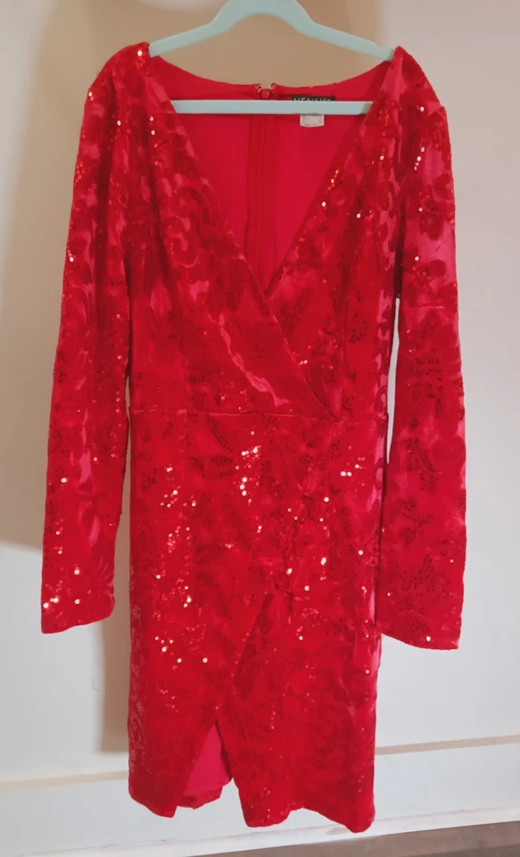 Vestido Vaina De Colección Venus Rojo Terciopelo Lentejuelas Imitación Envoltura Cuello en V Y2K Vamp Glam Talla 8 Foto 3 de 4