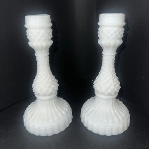 Vintage White Hobnail Milk Glass Candle Holder, 6 3/4 x 33/8 Set Of 2 TGL1