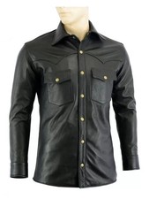 Men's BLACK Leather Shirt - Genuine Real Lambskin Shirt Soft Party Casual Wear