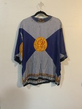 Vintage Monzini Collection 100% Silk Shirt M Medium Blue White Stripe Baroque