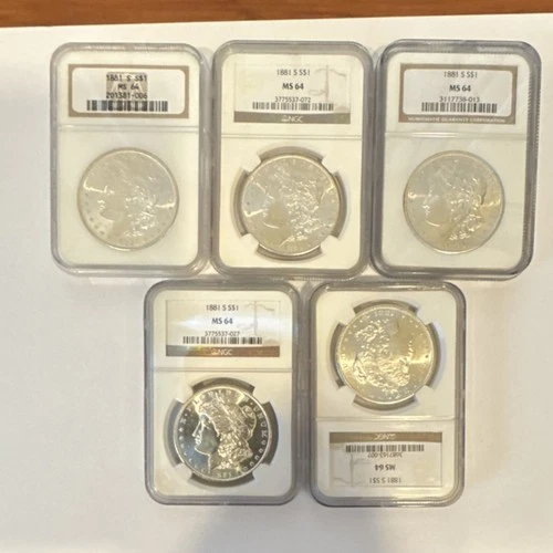 1881-S Morgan Silver Dollar Lot of 5, NGC MS64, Uncirculated