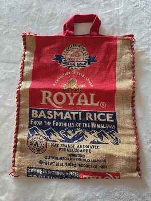 Royal Basmati Rice Burlap Bag Tote with Zipper & Red Handles vtg