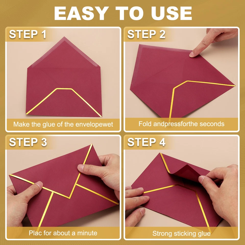 Enveloppe A6 100pcs pour cartes 4x6 bords ronds avec liseré or, noir - Photo 4/4