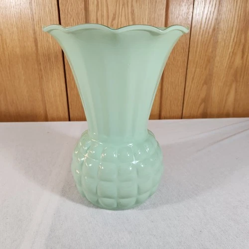 VTG Anchor Hocking Green Depression Glass Vase Ruffled Pineapple Jadeite Colored
