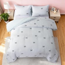 3 Piece Blue Bow Tie Comforter Set for Girls Boys Kids, Polka Dot Bowknot Bea...