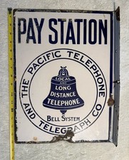 Vintage Bell System Pay Station Porcelain Telephone Sign Double Sided Rare