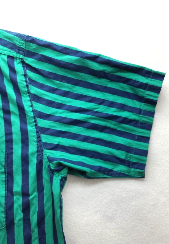 VTG 1980 Sasson Green Black Striped Short Sleeve Button Up Shirt Sz L - Image 3 of 4