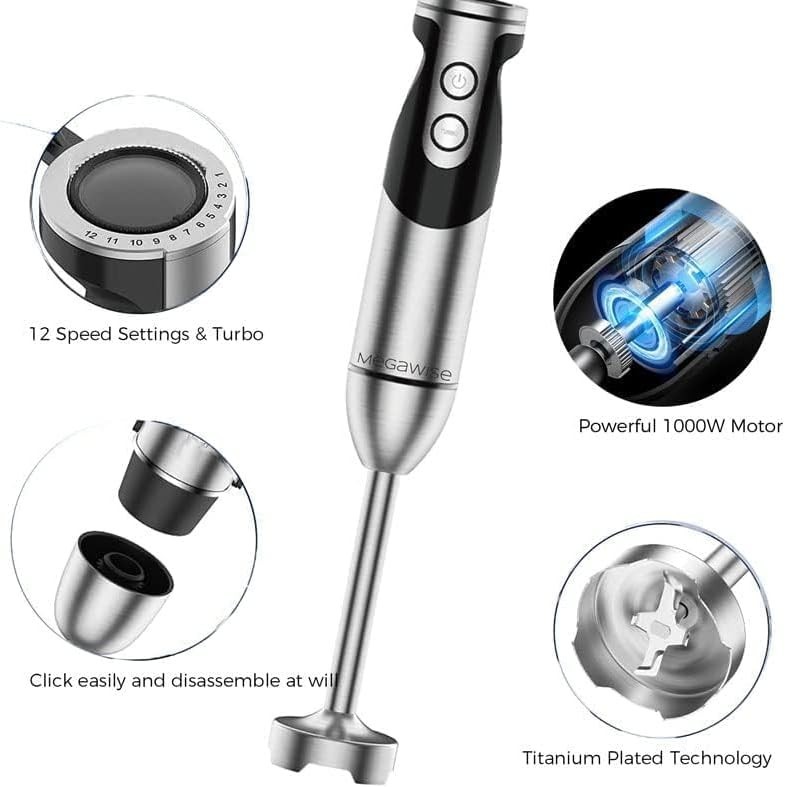MegaWise Pro 3-in-1 Immersion Hand Blender 12-Speed Titanium Milk Frother